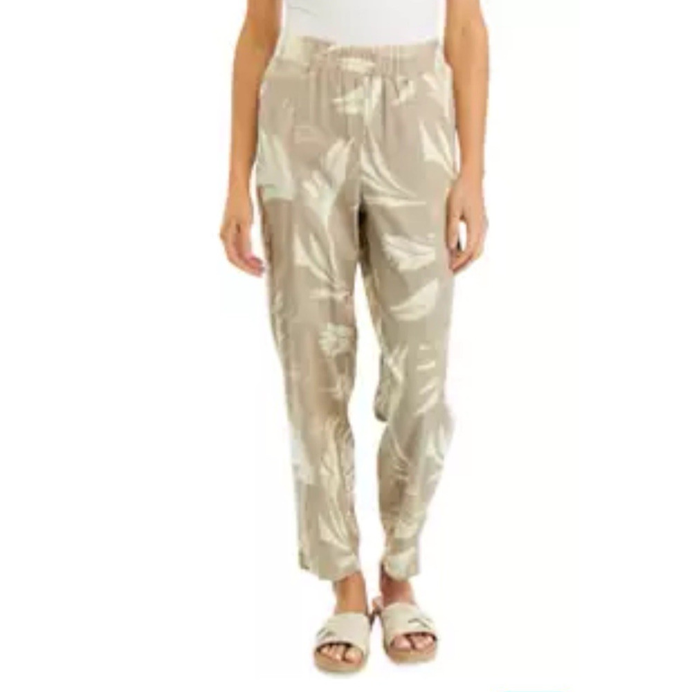 Cupio Printed Linen Cargo Pants Womens Size Medium Tan Pull On Elastic Waist